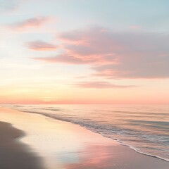 Serene Sunset Over Calm Ocean Waves and Sandy Beach Shoreline