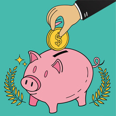 Obraz premium Saving Money and Financial Growth: Hand Inserting Dollar Coin Into Piggy Bank Illustration for Investment and Wealth Concept