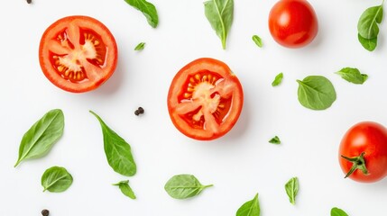 Arrangement of Fresh Tomatoes, Basil Leaves and Pepper on White Background