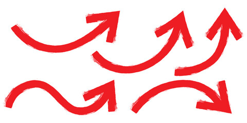 Bold brush drawn arrows. Set of Hand drawn vector arrows doodle on white background. Hand drawn black grunge bent arrow pointing upwards, bold brush stroke. Red hand drawn brush arrow icon vector set.