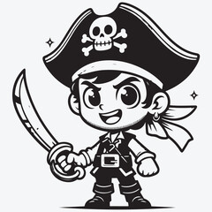 A Cartoon pirate with a dagger, character for children, linear style stock illustration