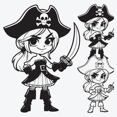 A Cartoon pirate with a dagger, character for children, linear style stock illustration