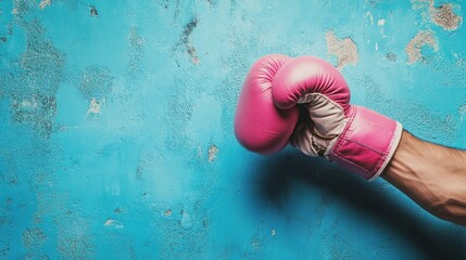 Pink Boxing Glove Against Grungy Blue Wall: Strength, Courage, and Resilience