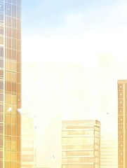 Cityscape view Tall buildings bathed in sunlight with a blurred light blue sky background