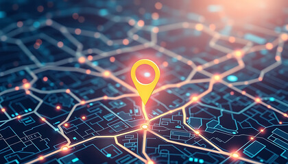 Futuristic Geolocation Map with AI Technology and Glowing Pin for Business Logistics

