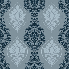 Elegant damask pattern in shades of blue and gray with floral motifs, Boho decor, textile print, modern fabric, wallpaper design, seamless digital paper