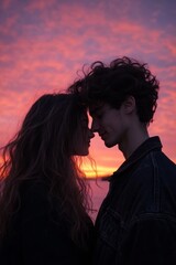 A vibrant sunset sky provides the backdrop for a tender silhouette of a young couple embracing, embodying the concepts of love, intimacy, and connection