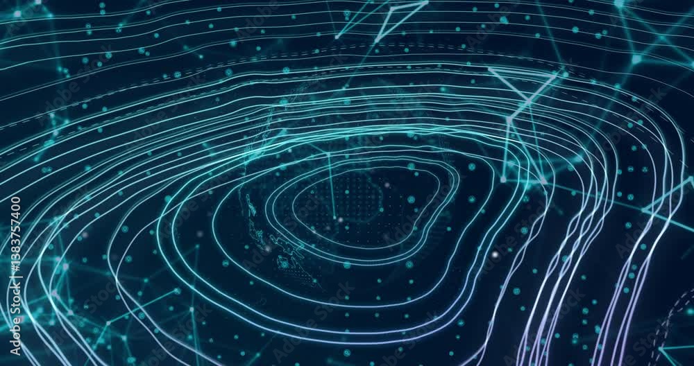 Poster animation of glowing contour lines and scattered dots creating digital landscape