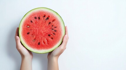 Holding Watermelon Half Red Flesh with Black Seeds on White Background