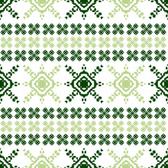 Green and white ethnic ikat pattern with abstract geometric shapes, Boho decor, textile print, modern fabric, wallpaper design, seamless digital paper