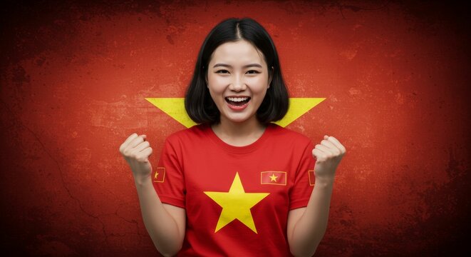 Enthusiastic Vietnamese supporter celebrates a win with national pride