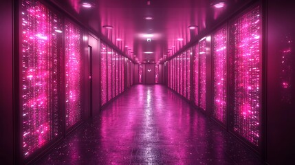 Fototapeta premium A futuristic blockchain data center with glowing quantum processors, surrounded by encrypted digital pathways, ultra-modern architecture, neon-lit atmosphere, cinematic lighting, dynamic angle