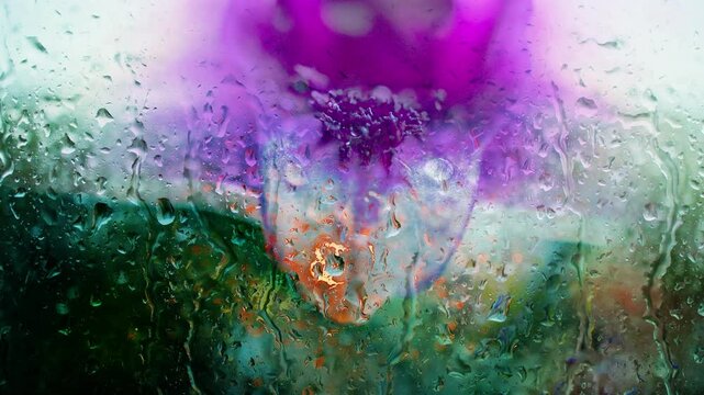 Dendrobium Orchid - behind the glass on which the raindrops are streaming.