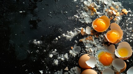 Cracked eggs and flour spills kitchen table food photography indoor space close-up culinary creativity