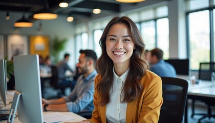 This photo depicts a young Asian woman in a professional office environment. She is sitting at a desk with a computer, wearing a white shirt and yellow blazer. 