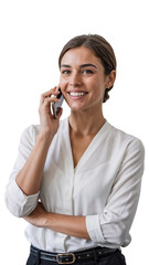 Professional woman talking on the phone while smiling in a bright office setting, showcasing confidence and approachability