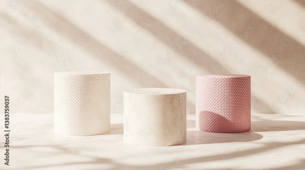 Poster sunlit cylinders arrayed against a textured backdrop for product showcase