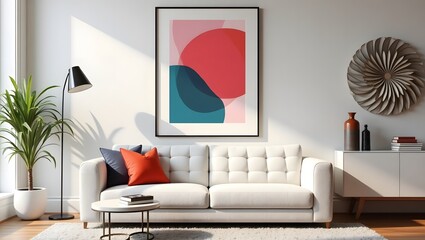 Interior design of colorful living room interior with mock up poster frame, white boucle sofa, white sideboard, modern ornament on wall, carpet and personal accessories.
