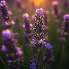 Obraz premium Lavender Field Blooming Flowers Blue Sky Scenic View