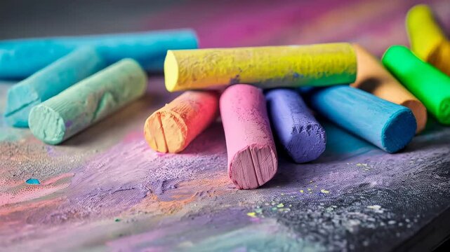Pastel chalks lying in vibrant, colorful arrangement, showcasing artistic creativity and educational potential against soft background