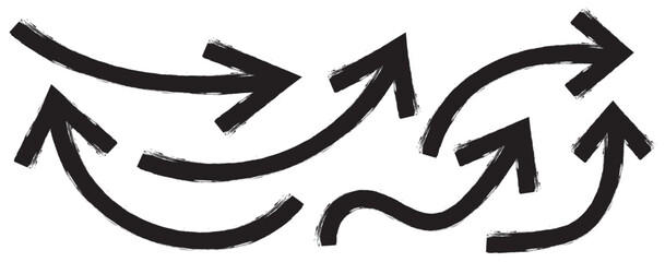 Various bold brush drawn curved arrows. Collection doodle marker thick arrows in different directions. Hand drawn vector direction pointers. Curved and wavy brush strokes with scratches. Hand drawn 