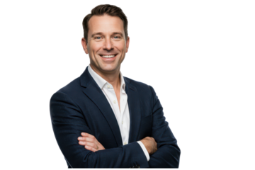 Confident man in a navy suit with crossed arms against transparent background
