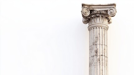 Close-up of a weathered ionic column against a white background.