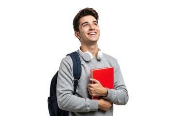 Smiling student wearing a gray sweater and carrying a backpack against transparent background