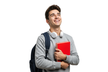 Smiling student wearing a gray sweater and carrying a backpack against transparent background