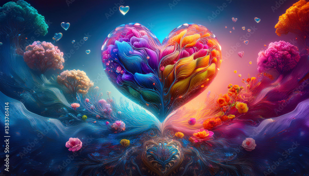 Poster a vibrant, multicolored heart with intricate patterns and textures is surrounded by a surreal landsc