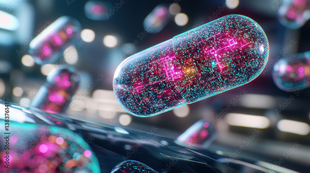 Poster glowing translucent capsules with intricate particle details
