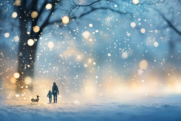 A dreamy winter wonderland with glowing bokeh lights and falling snowflakes in a serene blue and white palette for a festive celestial ambiance