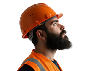 Worker wearing an orange hard hat and safety vest against transparent background