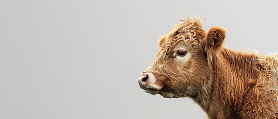 Fototapeta premium copy-space side view of a cow with a short mane on a stark white background, Generative Ai.