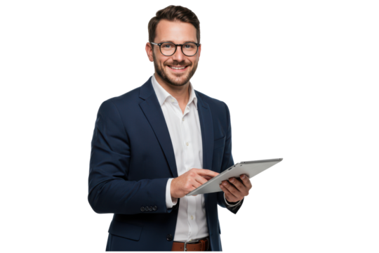 Confident businessman in a suit holding a tablet against transparent background - Powered by Adobe