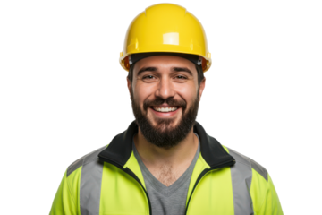 Smiling worker wearing a yellow hard hat and safety vest against transparent background