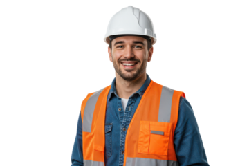 Smiling worker wearing a white hard hat and orange safety vest against transparent background