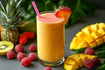 Fresh healthy fruit smoothie drink in a tall elegant glass