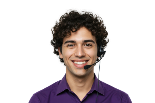 Cheerful customer service representative wearing a headset against transparent background