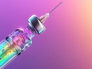 Iridescent Syringe with Multicolored Liquid Against Vibrant Gradient Background