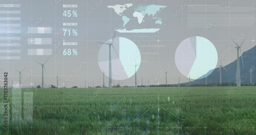 Poster wind turbines in green field with data processing animation overlay
