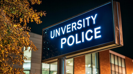 Fototapeta premium Illuminated University Police Sign at Night