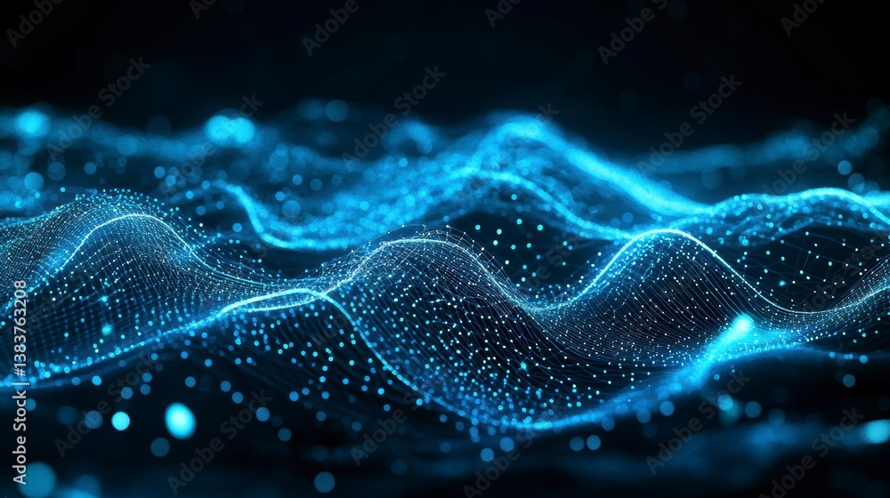Poster abstract blue digital wave with glowing particles.