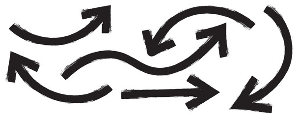 Various bold brush drawn curved arrows. Collection doodle marker thick arrows in different directions. Hand drawn vector direction pointers. Curved and wavy brush strokes with scratches. Hand drawn 