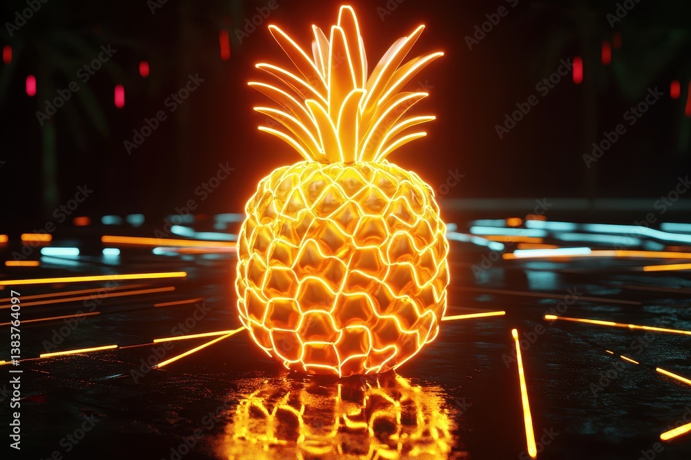 Poster pineapple with neon lights on black background 3d illustration pinaple hacking toll attacking wifi .