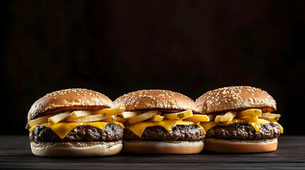 Three Gourmet Burgers With Melted Cheese And Crispy Fries On Wooden Table