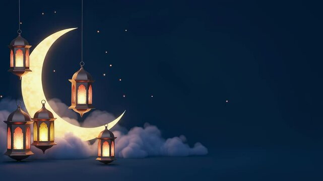 Ramadan lanterns and crescent moon on cloudy night sky. Islamic holy month celebration. Eid Mubarak greeting card or event invitation background.