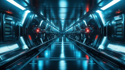 Futuristic corridor with glowing blue lights, representing advanced technology and innovation. Perfect for science fiction themes, game design, and technology presentations.
