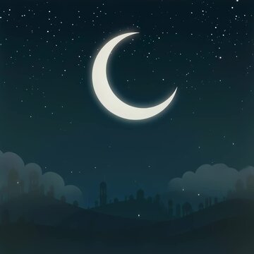 Crescent moon and hanging lanterns in night sky. Islamic holiday celebration. Ramadan Kareem greeting card, Eid Mubarak background.