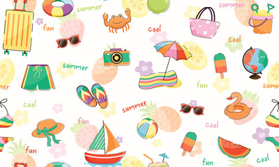 Fototapeta premium Trendy summer vacation travel seamless pattern, summer vacation, holidays, beach, flower, boat, design for fashion, fabric, textile, paper, wrapping for all print